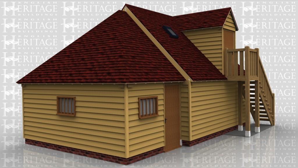 A 3 bay oak frame building made up of 2 frames, the first of which is a single bay with a solid single door and a mullion window at the front and on the left is another mullion window. The second frame is 2 bayswith upper floor,the rear of the building is left open and at the front of the building is an external oak staircase allowing access to the first floor at the top of which is a solid single door housed in a large dormer, also on the first floor is a rooflight on the front to allow some natural light into the upper floor of the building.