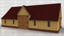 A 5 bay oak framed building with a pair of iroko barn doors housed within a barn entrance above at the front as well as 4 windows to allow plenty of natural light in, on the right side is another pair of iroko barn doors and on the left is a solid single door. The rear of the building has a window on each bay to allow plent of natural light into the building.