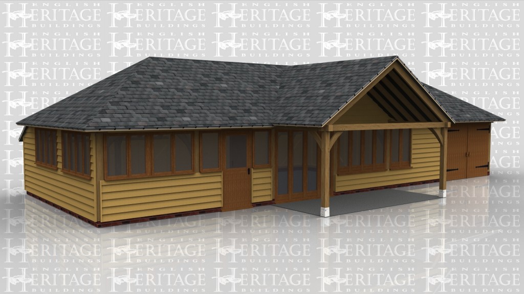 An 8 bay oak framed building made up of 2 frames, the first frame is a single bay in size and  is open on all sides. The second frame accounts for the other 7 bays and at the front has a half glazed door as well as windows spanning all but 1 bay to allow plenty of natural light into the building and the final bay has a pair of iroko garage doors at the front. On the left of the building is 2 sections of glazing to allow even more light into the frame.