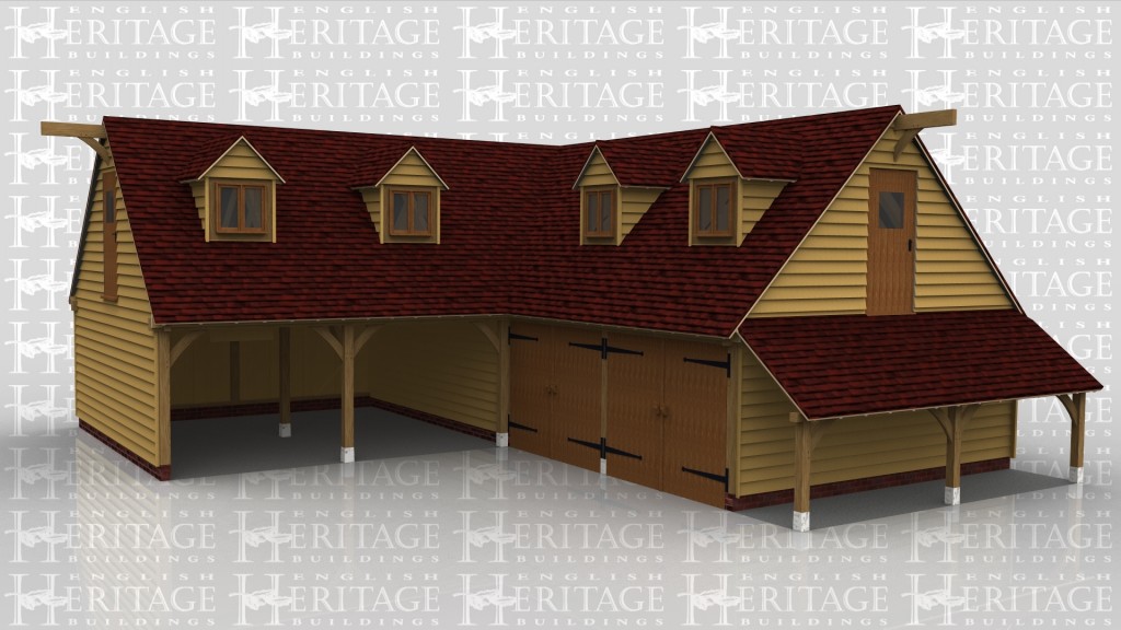 A 6 bay oak framed building made up of 2 frames with upper floors. The first frame has 2 open bays on the ground floor and the first floor bays has 2 dormer windows, on the left of the first floor is a half glazed door. The second frame makes up the other 4 bays. On the ground floor 2 of the bays are enclosed each with a pair of iroko garage doors at the front and on the right hand side is an external aisle. On the first floor there are another 2 dormers both containing 2 light windows and on the right of the building is another half glazed door.