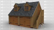 A 2 bay garage with upper floor and side store/entrance. The side store/entrance has oak weatherboarding and a slate roof, there is a solid single iroko door at the front. The main garage frame also has oak weatherboarding and a slate roof and at the front on the geround floor there is a pair of iroko garage doors at the front of each bay and on the right hand side is an external oak staircase allowing access to the first floor. On the first floor there is a solid single door on the right and at the front are 2 dormers each containing a 2 light window.