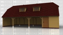 An 8 bay oak framed garage with 4 bays on the ground floor and 4 bays on the first floor. On the ground floor there are 3 bays left open at the front while the fourth has a solid sinlge door at the front, in the enclosed bay is an internal oak staircase allowing acess to the first floor, on which there are 2 dormers each containing a 3 light window
