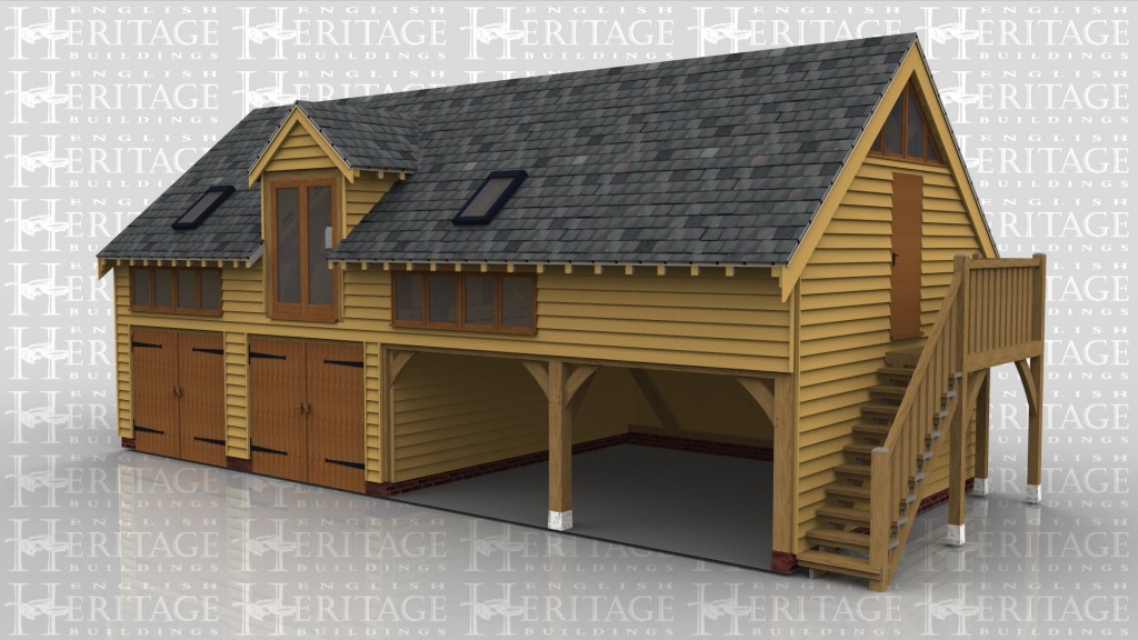 A 4 bay oak frame sling brace garage with leisure building on the first floor. On the ground floor 2 of the bays are enclosed with a pair of iroko garage doors while the other 2 bays are left open at the front. On the right hand side there is an external oak staircase allowing access to the first floor. On the first floor the there is a section of full height glazing below a barn entrance as well as 2 rooflights and 2 sections of glazing allowing plenty of light into the frame.