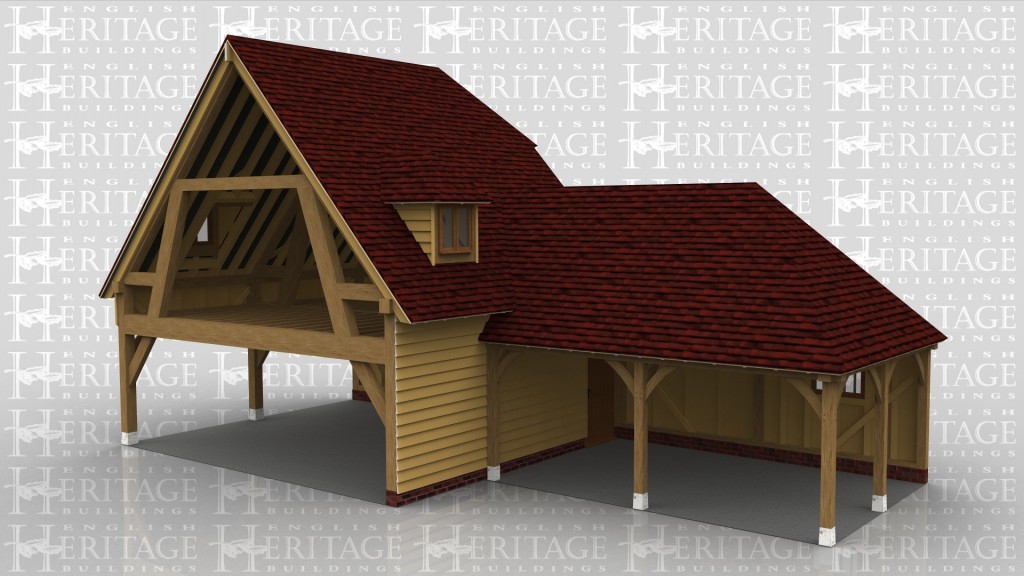 A 6 bay oak framed sling brace extension made up of 2 frames, the first of which is 4 bays in size with 2 bays on the ground floor and 2 bays on the first floor, on the ground floor the front of both bays are left open and the right side of the bulding is also open to allow it to attach to an existing building. On the first floor there is a dormer housing a 2 light window as well as one at the rear and on the left is a  larger 2 light window to allow plenty of natural light into the first floor. The second frame  is open at the front and right with a mullion window at the rear and on the left is a solid single door.