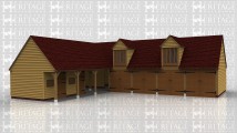 A 9 bay oak framed garage made up of 2 frames. The first frame is 3 bays in size with set back partitions along the front to create an aisle at the front. The front wall has 2 mullion windows and 2 decorative stable doors and the end bay is left open at the front and rear. The second frame is 6 bays with upper floor. On the ground floor there are 4 bays enclosed with iroko gargae doors at the front and above on the first floor there are 2 large dormers each containing a section of full height glazing allowing plenty of natural light into the frame.