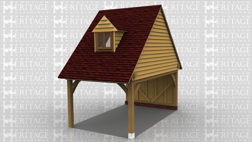 A 1 bay oak frame with upper floor. The bay on the ground floor is boarded on the rear and open on all other sides and on the first floor is a dormer containing a 2 light window.