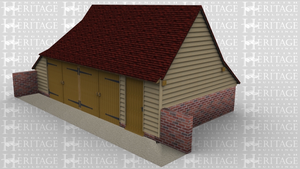 A 3 bay oak framed garage with 2 bays enclosed at the front with a pair of iroko garage doors while the third bay is weatherboarded with a solid single door, this building has a gablet roof on the left and gable end on the right while there is an internal aisle on both the rear and the left side.