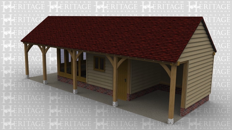 A 4 bay oak framed leisure building with a setback partition at the front, the first bay is open on all sides while the second bay is boarded at the rear with a section of garden rooms style glazing on the left  as well as full height glazing across the front of the whole bay to allow plenty of natural light into the building. The third bay has a 2 light window at the front as well as a solid single door and the 4th bay is boarded on the right and at the rear but open at the front.