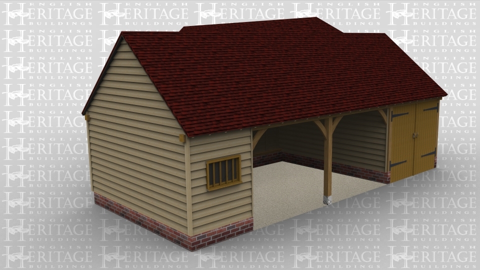 A 6 bay oak framed garage made up of 2 frames. The first frame is a garage area which is 2 bays in size, the front of each bay is enclosed with a pair of iroko garage doors. The second frame is 4 bays in size with a solid single door at the front while at the rear is a mullion window and 2 of the bays left open  while the final bay has a pair of iroko garage doors at the rear.