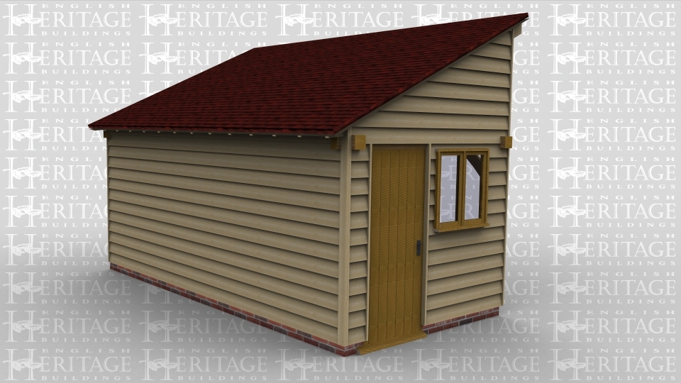 A 2 bay oak framed monopitch extension open at the front to allow it to attach to an existing building with a solid single door and a 2 light window on the left and full height glazing across the whole right wall to allow plenty of natural light in.