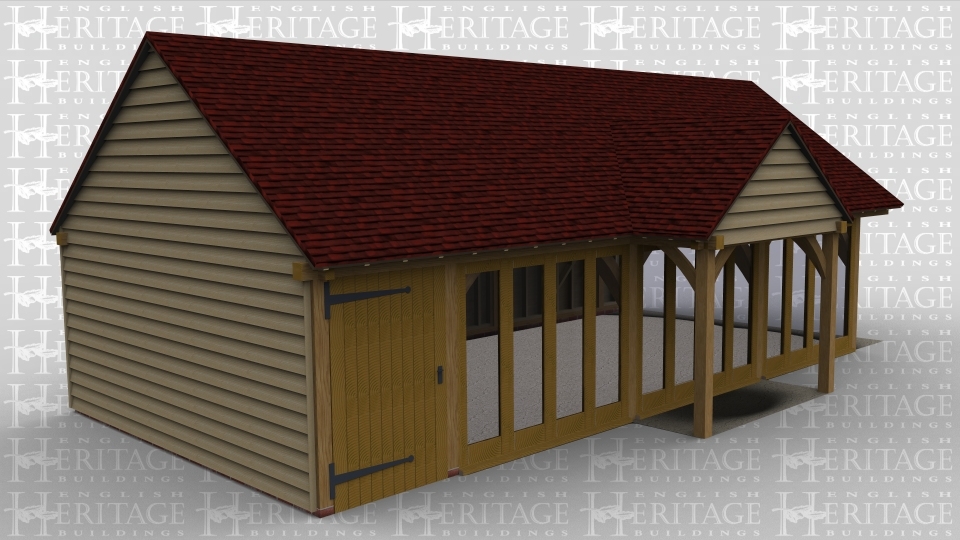 A 4 bay oak framed home extension with a large solid single door at the front as well as the other 3 bays covered entirely with full height glazing to allow plenty of natural light into the frame, the right side is left open to allow it to attach to an existing building and one of the bays has an open barn entrance at the front.