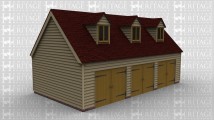 A oak framed garage with 3 bays on the ground floor and a further 3 bays on the first floor. On the first floor, each of the 3 bays is enclosed with a pair of iroko garage doors and at the read, there is a solid single door. On the first floor there is a 2 light dormer window at the front of each bay  to allow plenty of light into the upper floor.