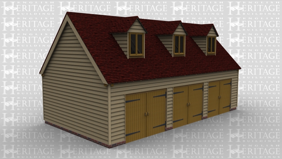A oak framed garage with 3 bays on the ground floor and a further 3 bays on the first floor. On the first floor, each of the 3 bays is enclosed with a pair of iroko garage doors and at the read, there is a solid single door. On the first floor there is a 2 light dormer window at the front of each bay  to allow plenty of light into the upper floor.