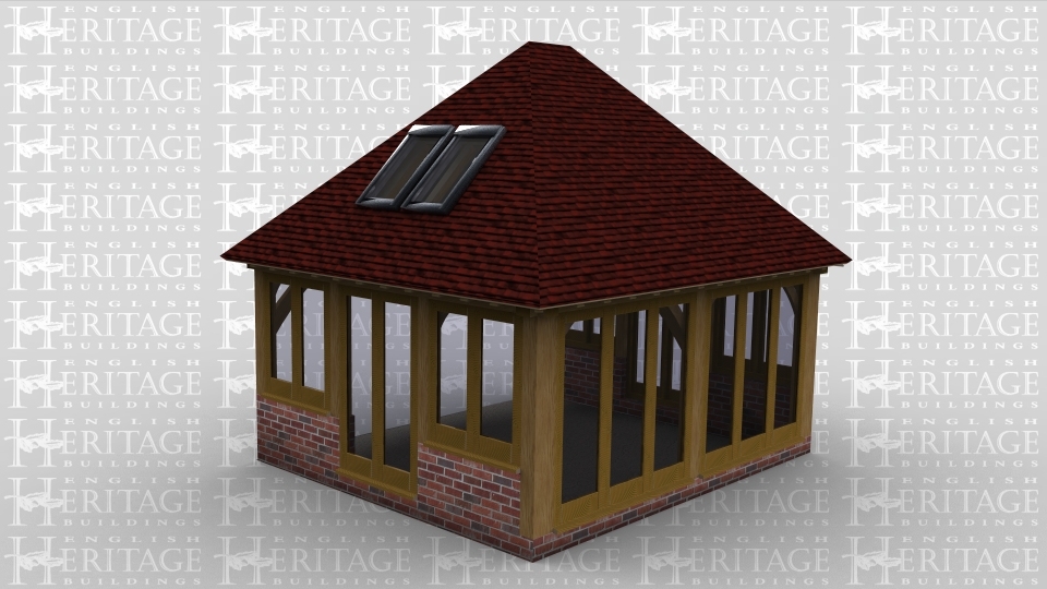 A 2 bay oak framed home extension with full height glazing along the entire front wall to allow plenty of natural light in while the rear is left open to allow it to attach to an existing building. The left wall has a pair of full hright iroko garden room doors and 2 smaller garden room windows either side and the same on the right, there are also 2 rooflights to allow even more natural light into the building.