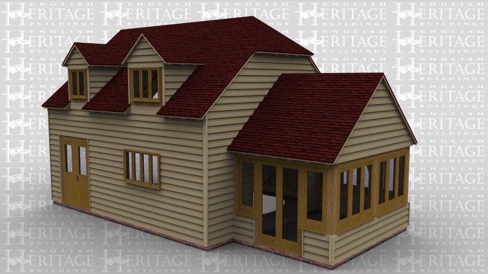 A 4 bay oak framed sling brace home extension with upper floor. The frame is open on the left to allow it to attach to an existing building and at the front is a pair of half glazed doors and a 4 light window. At the rear there is a solid single door and a 2 light window. On the first floor there are 2 dormer windows at the front and a velux rooflight at the rear to allow the natural light into the building. The right hand bay has a section of garden room windows along the right wall and at the front a pair of garden room doors with a smaller window either side while the rear has a further 4 panes of garden room windows to allow plenty of natural light into the building.