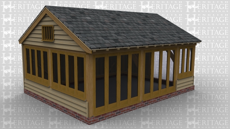 A 3 bay oak framed extension with 8 panes of garden room windows on the left wall as well as a mullion window above to allow plenty of natural light into the room while at the front 2 of the bays are covered with full height glazing to allow even more natural light in while the final bay has  a smaller section of garden room windows, the rear of the building is completely weatherboarded while the right is partially open to allow it to attach to an existing building, there are also 2 rooflights at the rear.