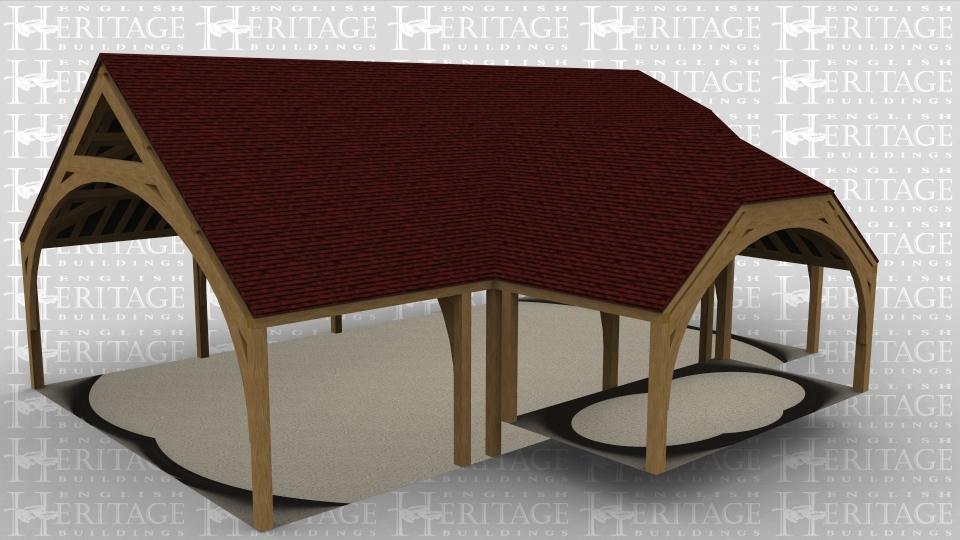A 6 bay oak frame building made up of 2 frames. The first frame is 4 bays in size and is open on all sides, it has arched beams on the left and right with a gable roof on the left and a barn hip roof on the right. The second frame accounts for the other 2 bays and is also open on all sides with a barn hip roof on the right.