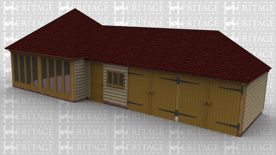 A 5 bay oak framed building made up of 2 frames. The first frame makes up 2 of the bays with the front made up entirely of full height glazing to allow plenty of natural light in. The second frame has a solid single door at the front as well as a 3light window and 2 of the other bays each  have a pair of iroko garage doors.