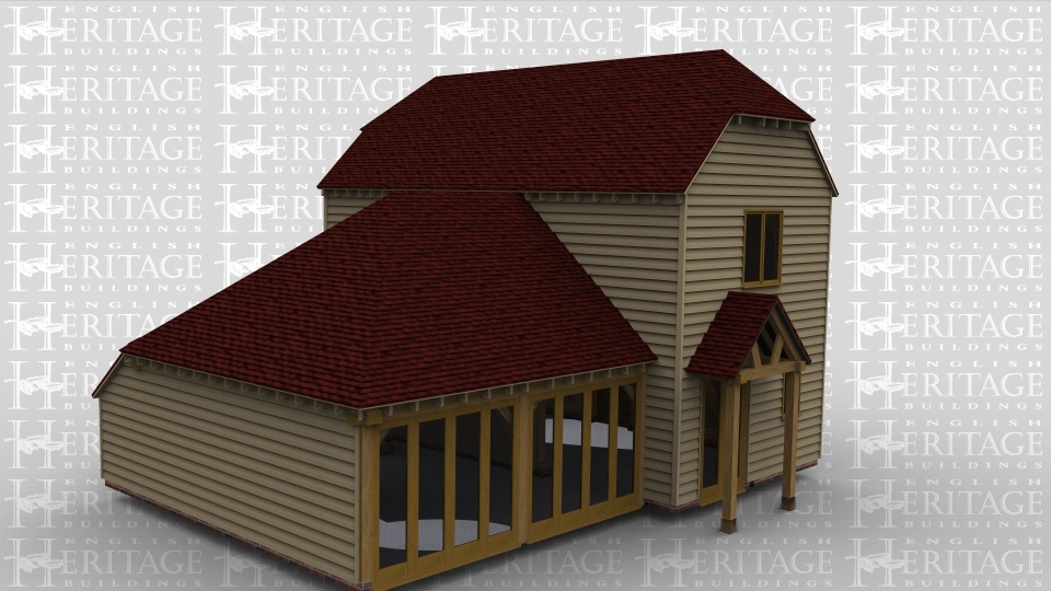 A 5 bay oak framed commercial building made up of 2 frames. The first frame is  2 bays in size with a section of full height glazing at the front of one bay while the other bay has an internal aisle at the front, at the rear both bays are made up entirely of full height glazing to allow plenty of natural light in. The second frame is a 3 bay frame with upper floor. On the ground floor the building is attached to the other frame at the front, on the right is a pair of opening garden room doors housed by a small porch as well as there being a 1 light window. The rear of the building has a solid single door again housed by a small porch as well as two 1 light windows to allow the natural light in. The right wall has 2 large windows. The first floor has a large 2 light window on the right wall as well as  one on the left wall and at the rear is a 1 light window.