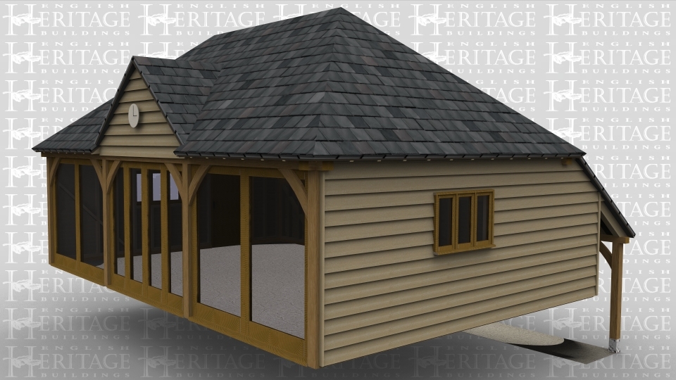A 3 bay oak framed leisure building with full height glazing along the entire fron wall to allow plenty of natural light into the building with a clockface above. The left of the building has a 3 light window as well as a solid single door while the right side has only a 3 light window. The rear of the building has  an external aisle.