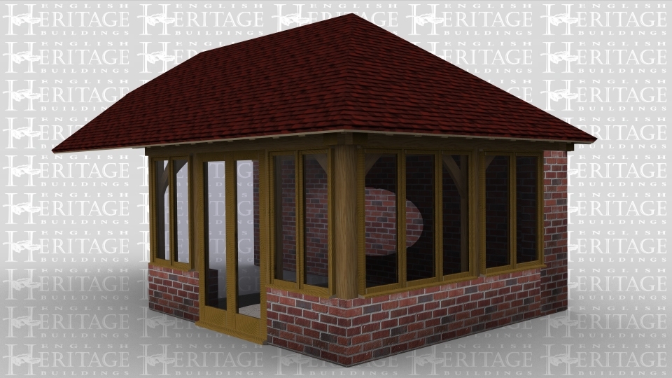 A single bay oak framed extension with the right wall left open and at the front is a  pair of full height glazed doors with a smaller garden room window either side. On the right side is another section of garden room windows to allow plenty of natural light into the building.