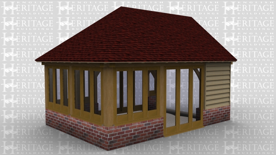 A 2 bay oak framed extension with the right wall left open to allow it to attach to an existing building while the front  has 3 panes of full height glazing alongside 3 panes of garden room windows to allow plenty of natural light into the building. On the left hand side  is 6 panes of garden room windows and at the rear is  4 panes of full height glazing and 4 panes of garden room windows.