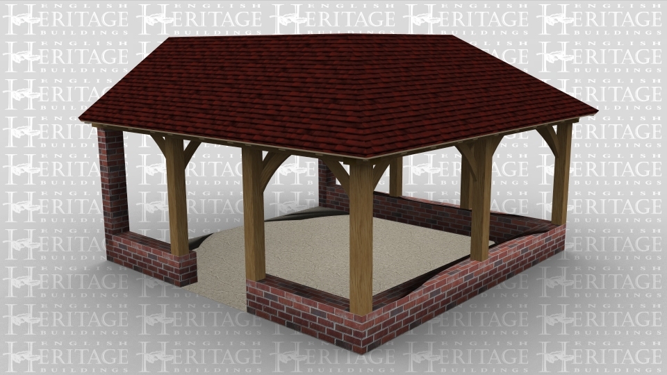 A 3 bay oak framed building open on all sides with 2 adjacent ridges housing 2 velux rooflights each.