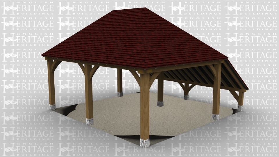 A 2 bay oak framed open on all sides with an external aisle at the rear.