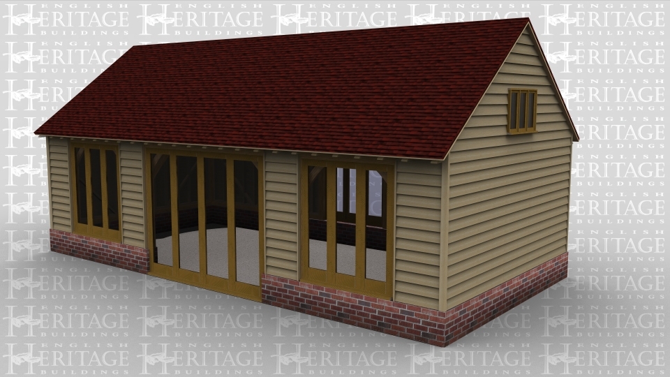 A 3 bay oak framed garage with a section of full height glazing at the front and rear of the central bay as well as a section of garden room windows at the front of the left and right hand bay, there is a 3 light window on the first floor of the left wall and also one in the first floor of the right wall
