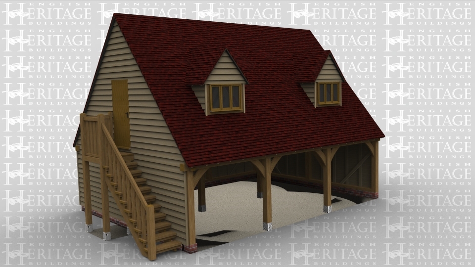 A 3 bay oak frame garage with upper floor. On the ground floor all 3 bays are left open at the front with an external staircase on the left which allows access to the first floor, on the first floor there is a solid single door on the left and at the front of the frame there are two 3 light dormer windows.