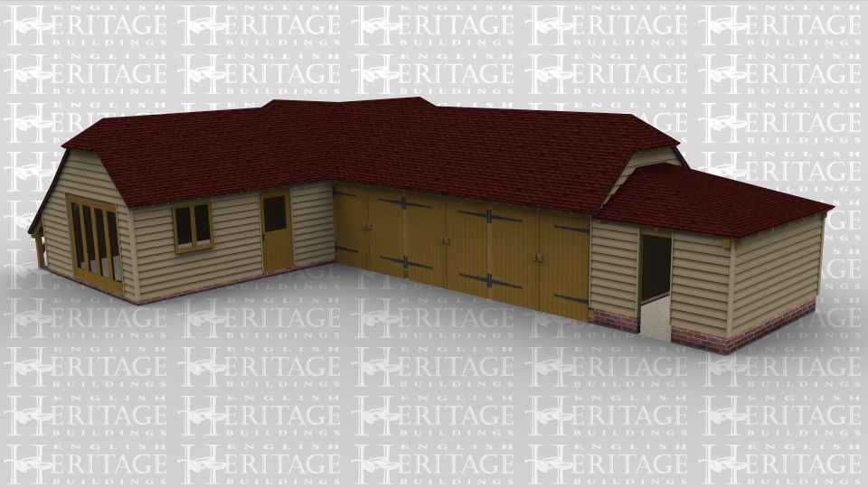 A 7 bay oak frame building made up of 3 frames. The first frame  is 2 bays in size  with both an internal aisle at the rear and an external aisle extending off that, the left wall has a 4 pane section of full height glazing  and a 2 light window and a half glazed doorat the front. The second frame is 4 bays in size with 3 pairs of garage doors at the front, at the rear is a large internal aisle as well as 4 2 light windows. The final frame is a single bay in size with an opening at the front and a full hip roof.