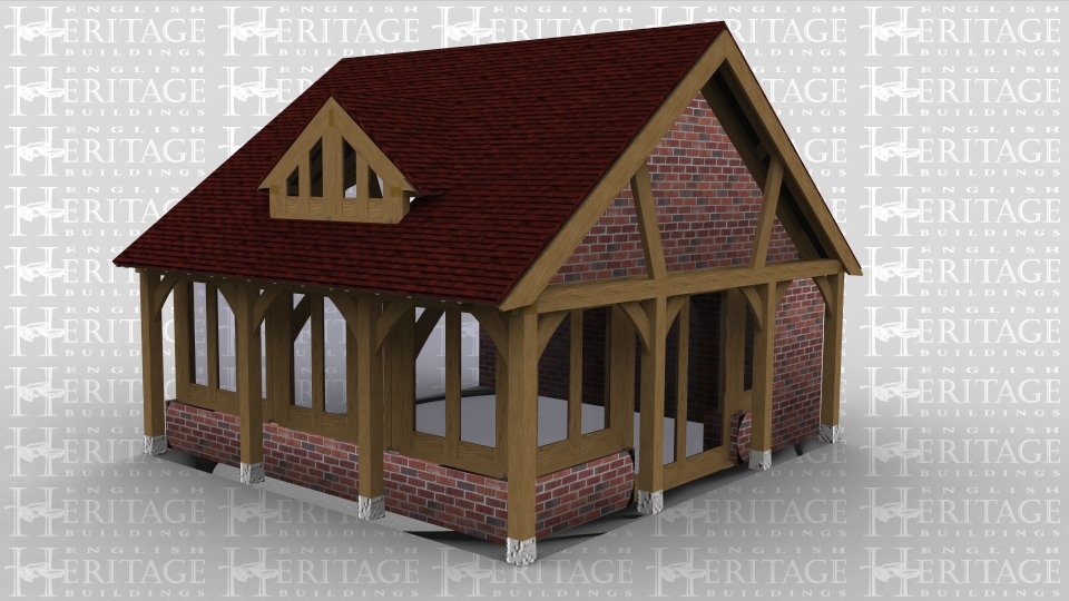 A 3 bay oak framed home extension with solid brick walls on the front right and rear walls while the left is left open to allow it to attach to an existing building. The front wall  contains a section of oak garden room glazing  as well as there being 3 further panes on the right wall along with a pair of full height glazed doors, this allows plenty of natural light into the building. At the front is also a large dormer housing 4 panes of glazing.