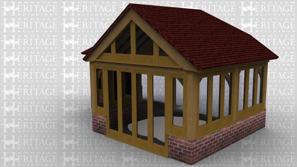 A 3 bay oak framed extension made up of 2 frames. The first frame is a single bay in size  and open at the rear while the left wall has a section of garden room galzing and the front wall has both garden room glazing and  a pair of full height glazed  doors to allow plenty of natural light into the new building. The second frame is 2 bays in size and in the left hand end is a glazed gable, at both the front and the rear of the building there is garden room glazing along the entre wall and on the left there are 2 panes of garden room glazing and 4 panes of full height glazing to allow the natural light into the room.