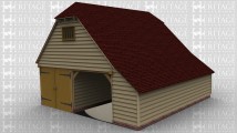 A 2 bay oak framed building with an upper floor accessed via an internal staircase. The ground floor has an internal aisle at the front and on the left side there is a pair of iroko garage doors as well as an open area next to it. On the first floor on the left hand side is a mullion window while on the right is a half glazed door.