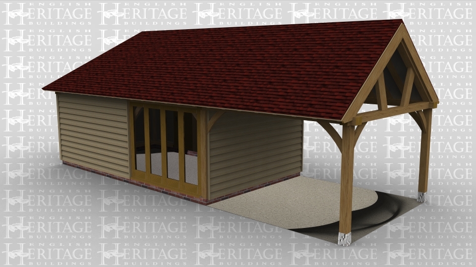 A 4 bay oak framed building with a mullion window on the left hand side while  at the front there is a section of full height glazing to allow plenty of light into the building as well as 2 of the bays being open on all sides. At the rear of the building is a solid single door.