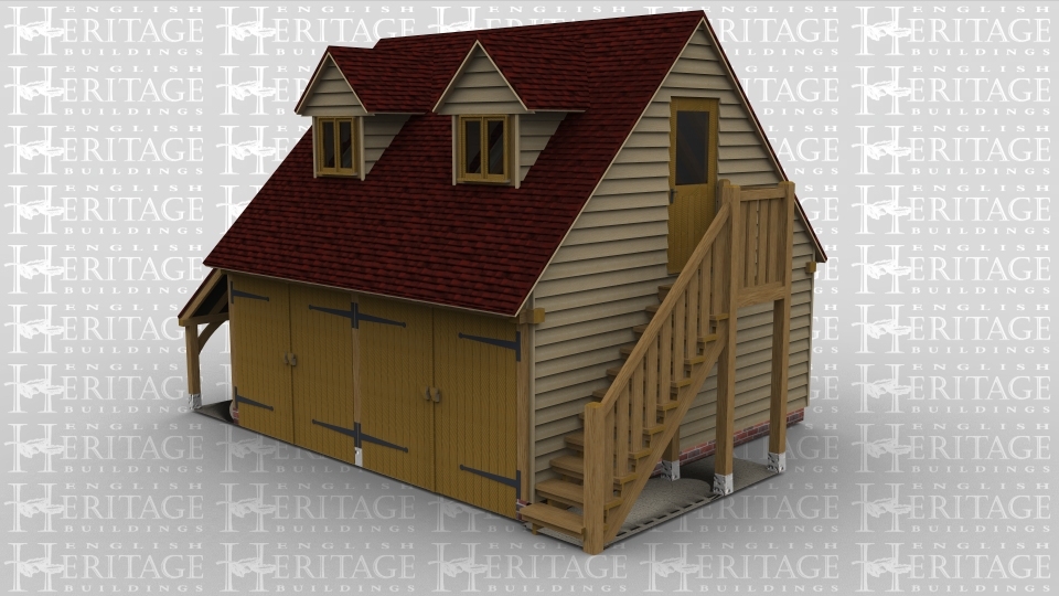 A 2 bay oak frame garage with upper floor. On the ground floor there is an external aisle on the left while at the front are 2 pairs of iroko garage doors and on the right hand side is an external staircase allowing access to the first floor. On the first floor is a half glazed door on the right and a mullion window on the left, at the front of the building are 2 dormer windows each housing a 2 light window to allow the light into the first floor.