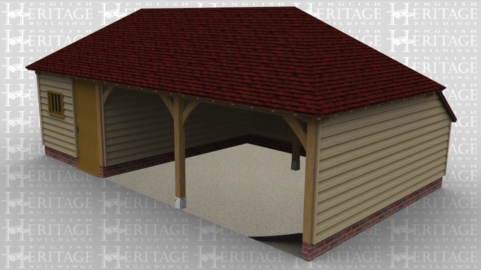 A 3 bay oak framed garage with 2 of the bays left open at the front while the third bay has a solid single door and a mullion window at the front and there is an internal aisle at the rear.