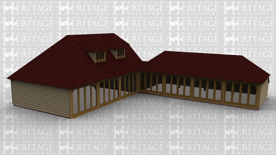 An 8 bay complex made up of 2 frames, the frist frame is 4 bays with upper floor. On the ground floor the front of the building is made up entirely of full height glazing to allow plenty of natural light into the building while the left and rear are completely weatherboarded. The first floor has a full hip roof on the left and a barn hip roof on the right while at the front are two dormer windows each housing  a 3 light window to allow the light into the upper floor of the building. The second frame is 4 bays in size again with full height glazing along the entire front wall as well as an internal aisle at the rear.