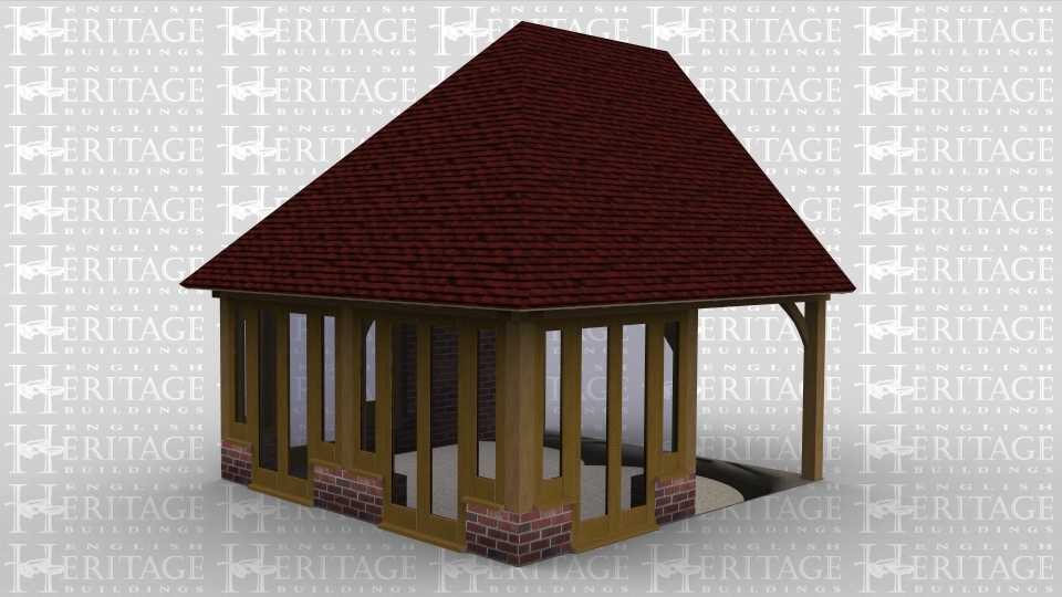 A 2 bay oak framed home extension with the right wall left open to allow it to attach to an existing building while the front of the building is half open while the other half has a pair of iroko full height glazed doors and a pane of garden room glazing on either side of it. On the left wall there are 2 pairs of full height glazed doors both with a pane of garden room glazing either side of the doors. The rear of the building is a brick wall with a pair of iroko full hight glazed windows and a single pane of garden room glazing.