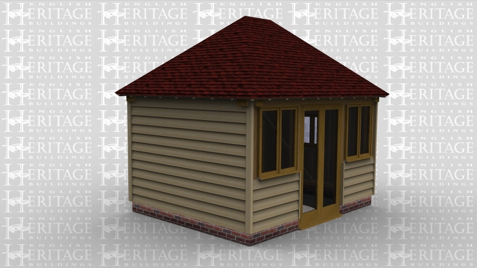 A single bay oak framed leisure building with a pair of full height glazed doors at the front with  a 2 light window either side and on the right wall there is another 2 light window.
