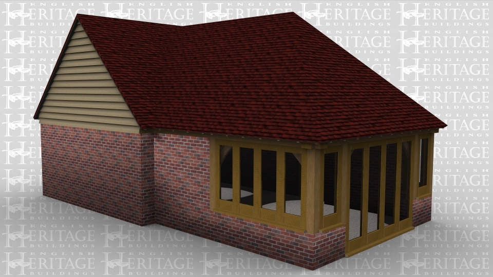 A 2 bay oak framed leisure building made up of 2 frames. The first frame has a solid single door and a single pane of garden room glazing at the front while on the left are 2 panes of garden room glazing with a section of full height glazing between the 2 to allow plenty of natural light into the building, the right side of the frame has another section of garden room glazing. The second frame  has a solid brick wall on all sides and has a gable end on the left and the right.