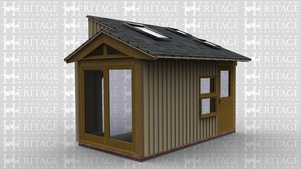 A single bay oak framed home extension with the rear and right side left open to allow it to attach to an existing building  while the left side has 2 panes of full height glazing and at the front of the building is a half glazed door and a 2 light window.