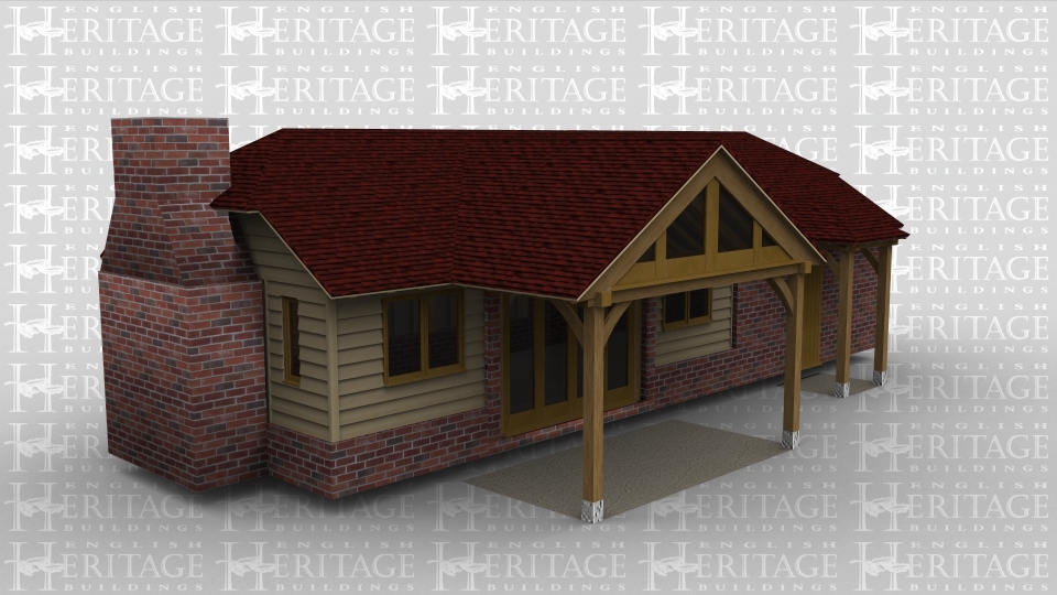 A 6 bay oak framed leisure building with a brick built chimney on the left with a small window either side, at the front there is a porch area with a glazed gable while the main frame has a section of full height glazing as well as a window either side to allow the natural light into the building. At the rear of this frame are 2 velux windows and a large window, the right hand bay also has an external aisle