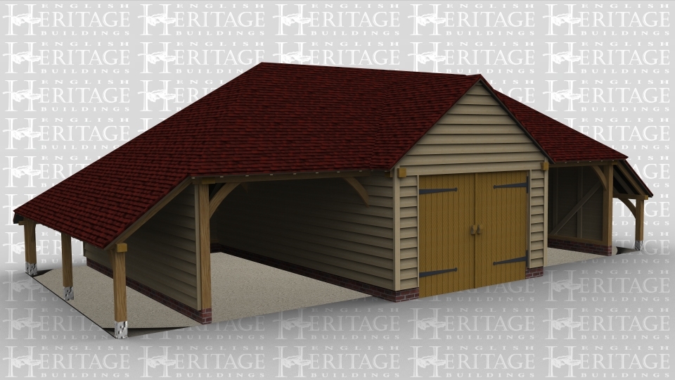 A 3 bay oak framed garage with the left and right bay open at ther front while the middle bay is a pair of iroko garage doors housed below a barn entrance and there is an external aisle on both the left and right side of the building.