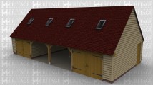 A 4 bay oak framed garage with an upper floor. On the ground floor there is a solid single door on the left and right wall of the building. At the front the left and right bay are both enclosed with a pair of iroko garage doors while the 2 middle bays are open at the front. On the first floor there is a rooflight at the front of each bay to allow plenty of natural light into the frame.