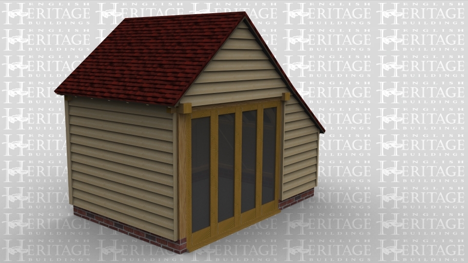A single bay oak framed building with an internal aisle at the rear and on the right is a section of full height glazing to allow plenty of natural light into the building.