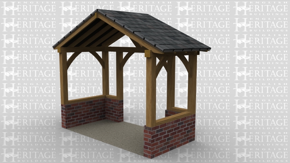 A single bay oak framed building open at the rear to allow it to attach to an existing building and a smaller opening at the front, this building has a slate roof and an 8 course brick plinth.