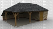 A 3 bay oak framed garage with the left hand wall open while the rear houses an internal aisle . At the front 2 of the bays are left open while the right hand bay is enclosed with a solid single door at the front. The right wall also has a solid single door.
