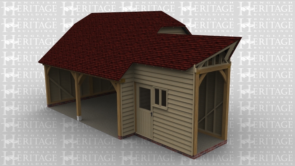 A 3 bay oak framed garage made up of 2 frames. The first frame is 2 bays in size and is the garage area with both bays left open at the front  with a barn hip style roof either end and on the right wall is a softwood solid single door connecting to the other frame. The second frame is a link building between the garage and an existing building with a softwood solid single door at the front and a 2 light window .