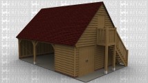 A 3 bay oak frame building with upper floor. The lower floor has 2 bays left open at the front while the right hand bay has a pair of garage doors on the right and is boarded at the front and open at the rear. The building has oak weatherboard all around and on the right hand wall is an oak external staircase leading to the first floor. On the first floor there is an oak solid single door in the right gable while in the left hand end is a 2 light window. The rear of the building has 2 smaller rooflights and one large one in the centre to allow plenty of natural light into the frame.